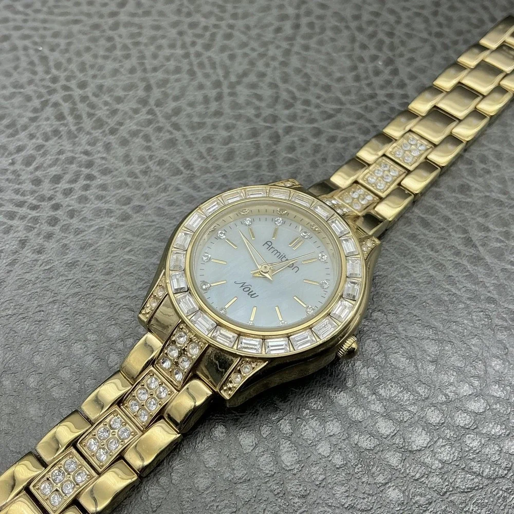 Armitron Now Watch Womens Gold Tone Crystal Bezel Bracelet Quartz NEW BATTERY